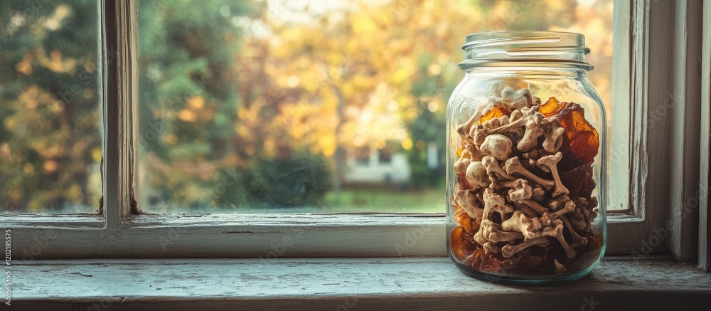 Poster glass jar filled with assorted dried mushrooms placed on a windowsill against an autumn landscape wi