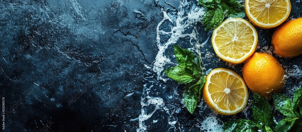 Poster fresh lemons with sliced pieces and mint leaves on a dark stone background with water splash copy sp
