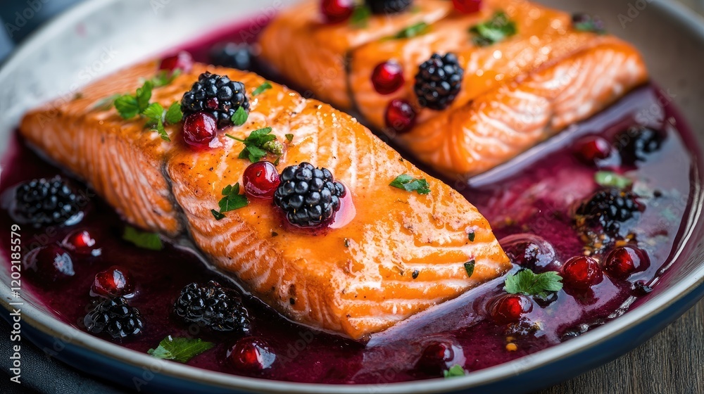 Poster grilled salmon fillet with blackberry and cranberry sauce served on a plate with garnish copy space