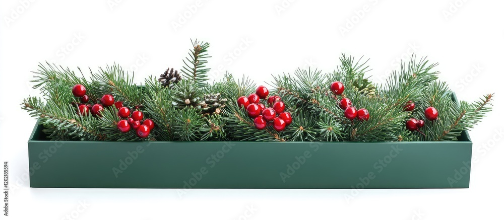 Aufkleber festive green planter box with evergreen foliage red berries and pinecones on white background with 