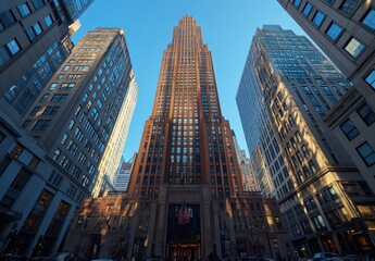 Towering Urban Skyscraper Against Clear Sky, Surrounded by Architectural Wonders in a Bustling City Center Highlighting Modern and Historical Designs