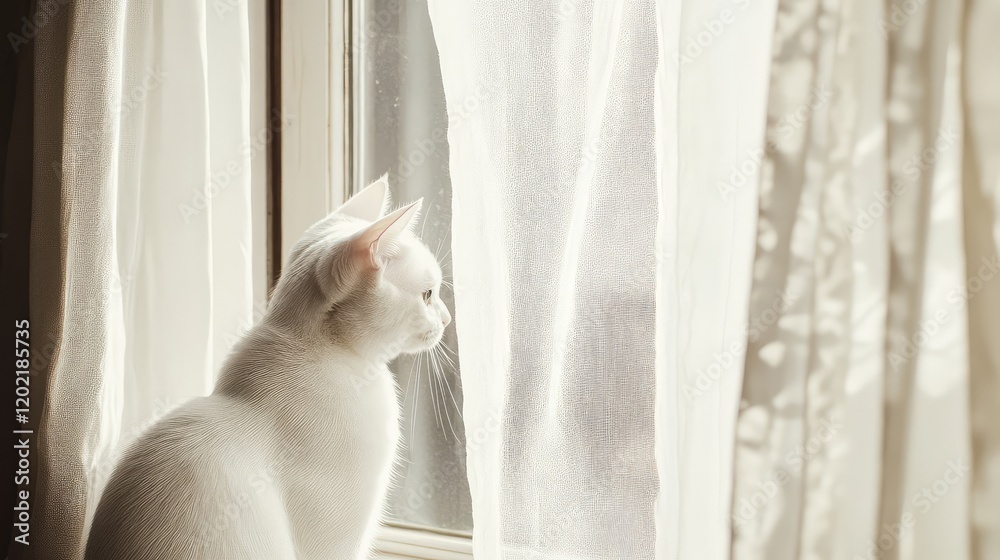Poster white cat sitting by the window looking out through sheer curtains with soft natural light and copy 