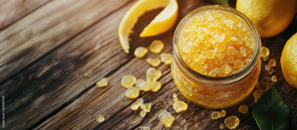 Poster honey jar with lemon slices and zest on wooden table with copy space for text. fresh and organic foo