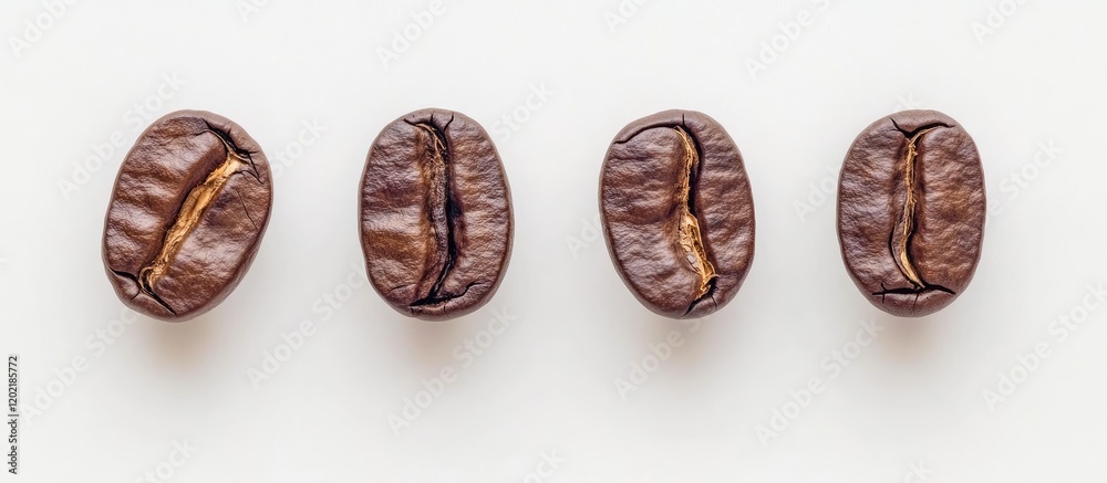 Poster close-up of four roasted coffee beans on white background with copy space for text placement