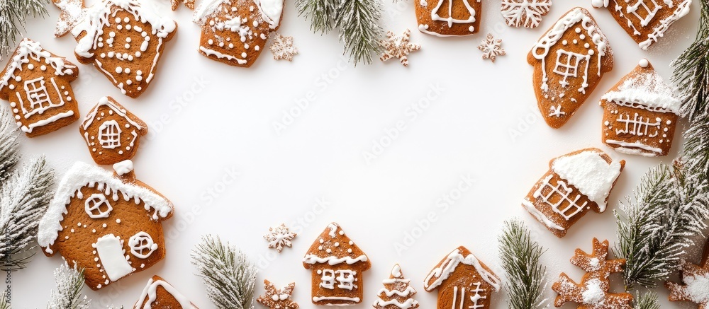 Aufkleber gingerbread cookies shaped as houses and festive decorations arranged in a heart shape with copy spa