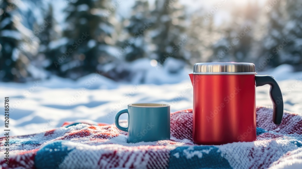 Poster red thermos and blue cup on a snow-covered blanket in winter forest with soft sunlight and blurred t