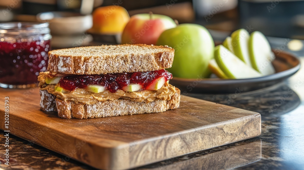 Poster peanut butter and jelly sandwich on whole grain bread with fresh fruit in the background and copy sp