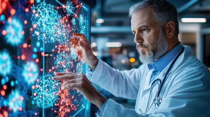 doctor analyzing data on digital screen, showcasing advanced technology in healthcare. scene highlights integration of science and medicine, emphasizing innovation and research