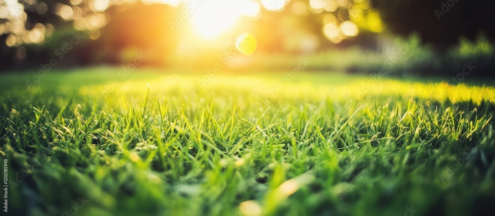 Poster sunlit grass field with blurred background featuring rays of sunlight and outdoor greenery, natural 
