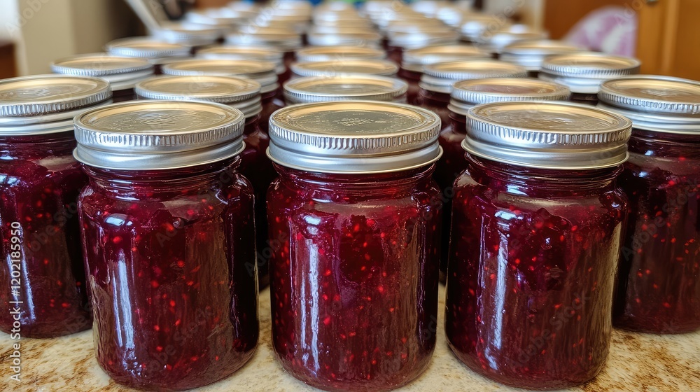 Poster Rows of glass jars filled with homemade raspberry jam on a countertop with blurred background Copy Space