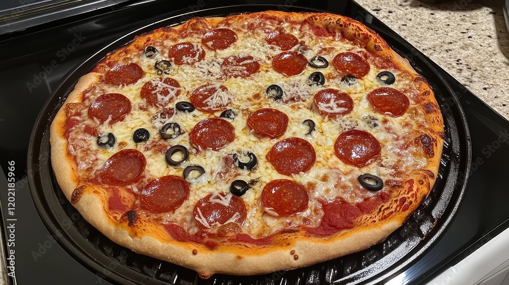 Aufkleber pepperoni pizza with black olives on a baking tray in a kitchen setting featuring copy space for tex