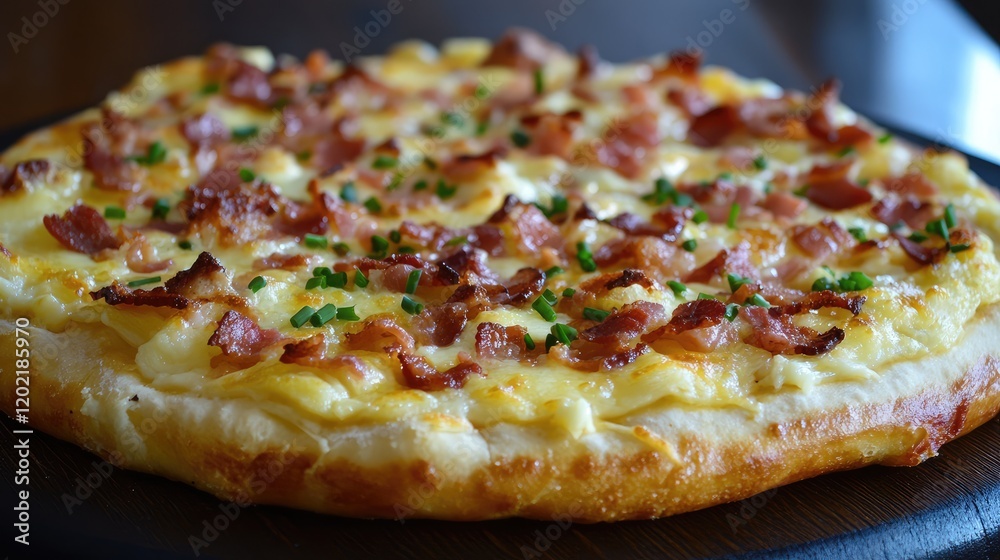 Poster freshly baked pizza with crispy bacon topping and herbs on a wooden serving board with copy space fo