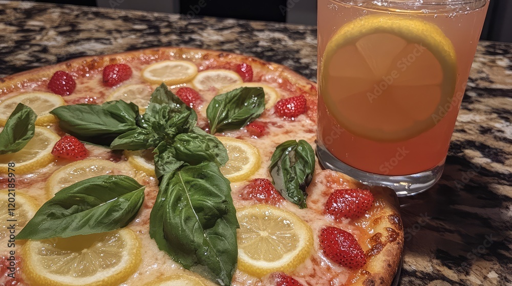 Poster fresh strawberry and lemon pizza garnished with basil leaves next to a lemon slice drink on granite 