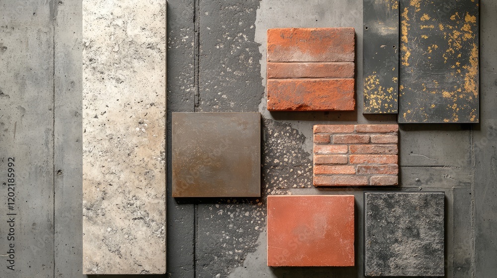 Poster Textured wall materials displayed on a concrete surface with various colors and finishes including bricks and tiles with Copy Space