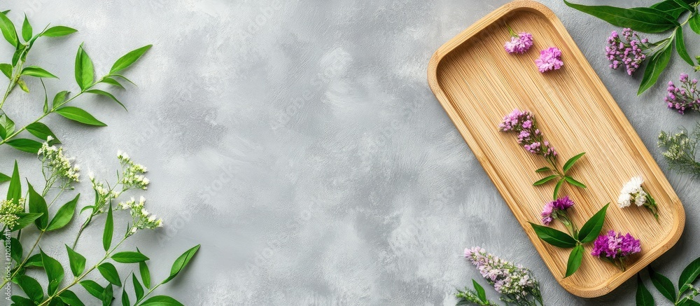 Poster botanical composition with herbs and flowers on a textured gray background with wooden tray and copy
