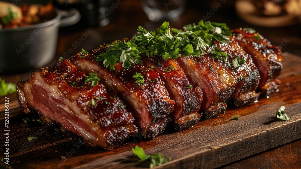 Poster cooked meatloaf with herbs displayed on a wooden cutting board with garnish and rustic background co