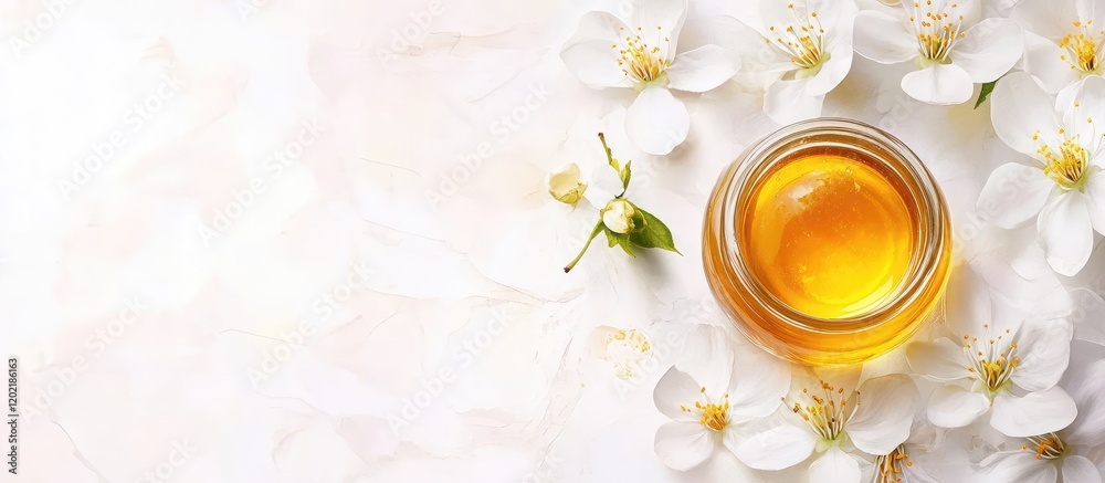 Poster glass jar of honey surrounded by white flowers on a light background with copy space for text