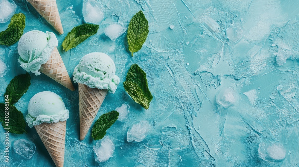 Aufkleber mint ice cream cones on a turquoise background with fresh mint leaves and ice cubes copy space