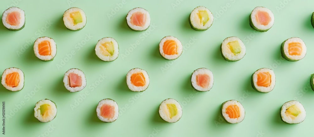 Aufkleber Colorful sushi rolls arranged in a neat pattern on a green background with Copy Space for text placement
