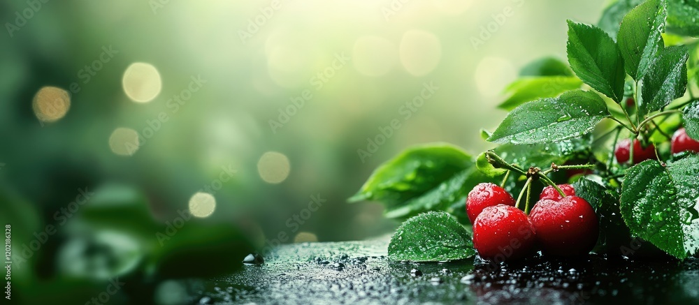 Poster Fresh red cherries on wet green leaves with blurred background and bokeh effect Copy Space