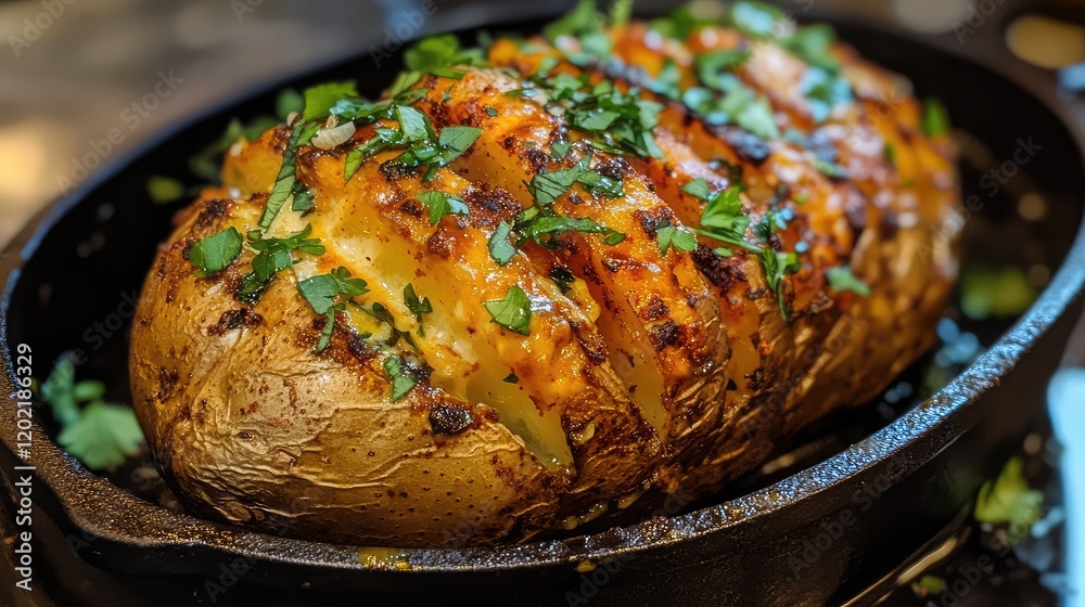 Aufkleber baked potato with herbs and cheese in cast iron skillet on rustic background with copy space
