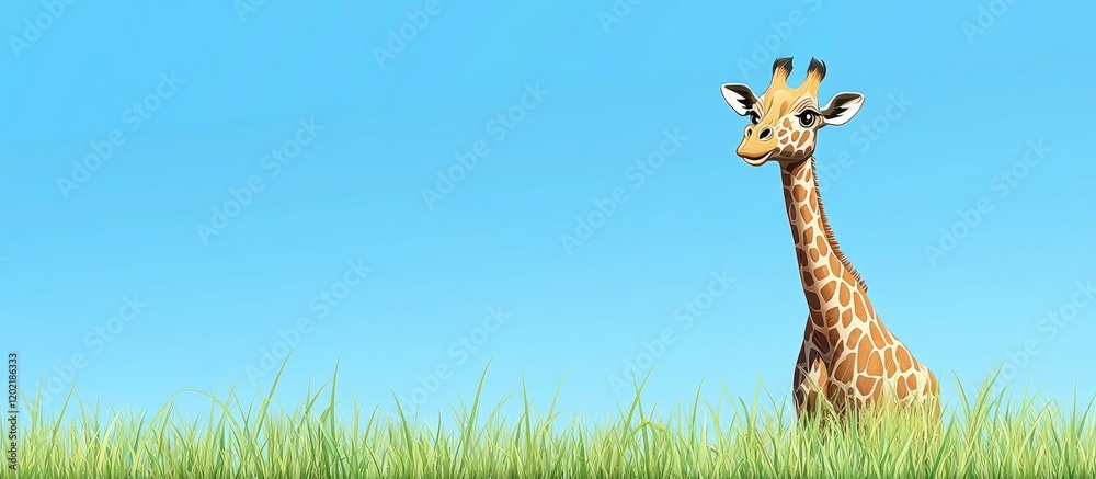 Poster giraffe standing in a green grass field against a clear blue sky with ample copy space for text