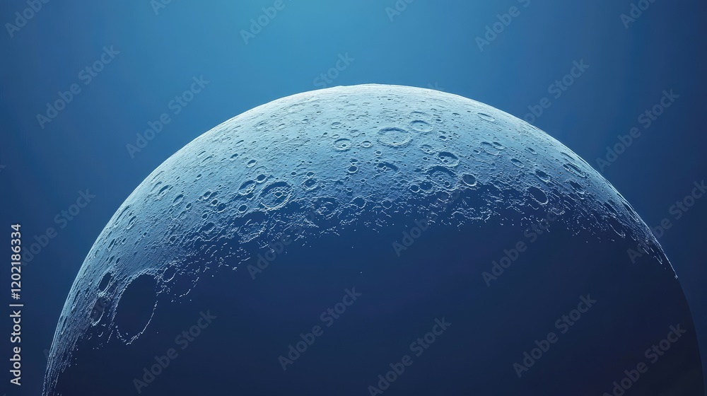 Poster Detailed close-up view of the moon's surface highlighting craters and texture against a blue background with Copy Space