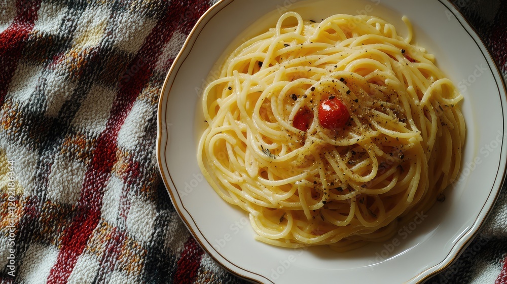Poster spaghetti with cherry tomatoes and black pepper served on a decorative plate with rustic textile bac