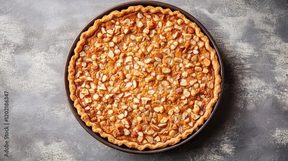 Poster almond pie with golden crust and sliced almonds on top on grey textured background with ample copy s