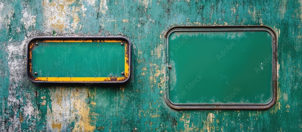Poster Green weathered wooden background with two empty rectangular frames for text or images Copy Space