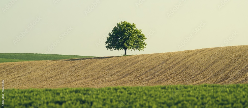 Poster solitary tree on a gently rolling hillside with agricultural fields in the foreground and a clear sk