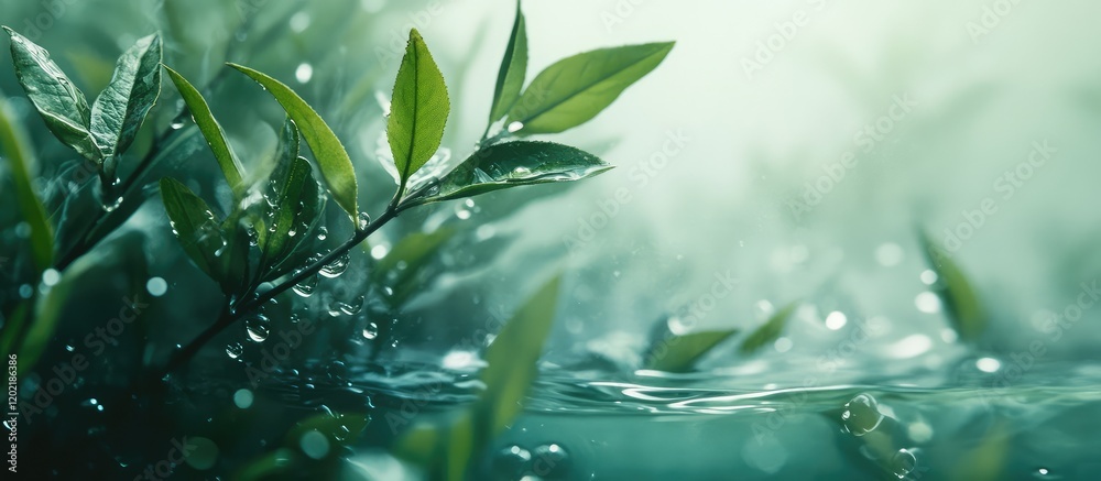 Poster lush green leaves emerging from soft mist above water surface with droplets copy space