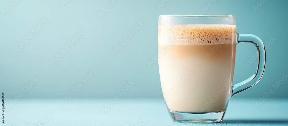 Aufkleber glass cup of latte coffee with milk foam on a light blue background and copy space for text