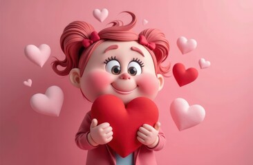 cartoon image of boy with brown hair surrounded by pink hearts