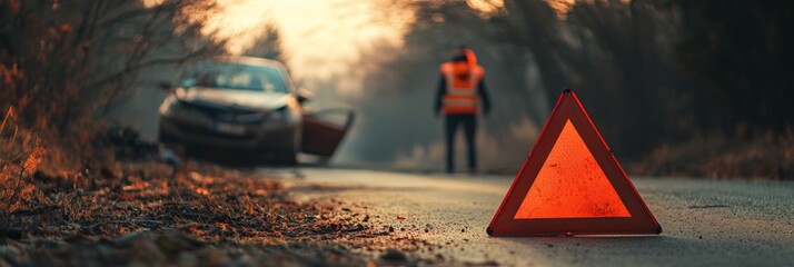 Emergency warning triangle placed on asphalt road after car crash, driver wearing reflective vest walking towards damaged vehicle at sunset, concept of road safety and car insurance