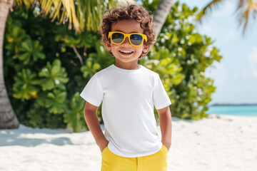 A little boy in a white mock up t-shirt on a sandy beach