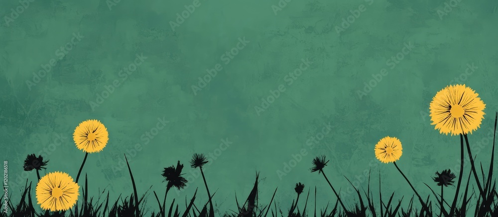 Aufkleber Colorful dandelion flowers in a grassy field with a textured green background and ample Copy Space for text placement
