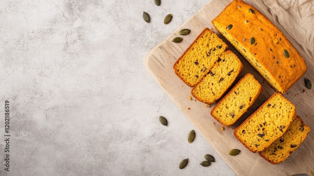 Poster sliced pumpkin bread with pumpkin seeds on wooden board with grey background and copy space for text