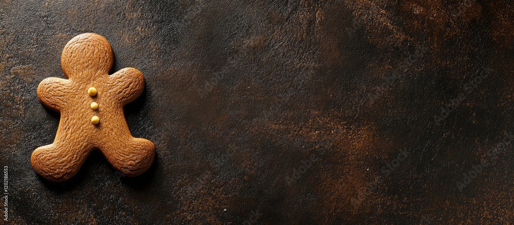Poster gingerbread man cookie on dark textured background with copy space for text placement