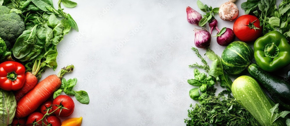 Aufkleber fresh assortment of vegetables arranged on a grey background with copy space for text placement