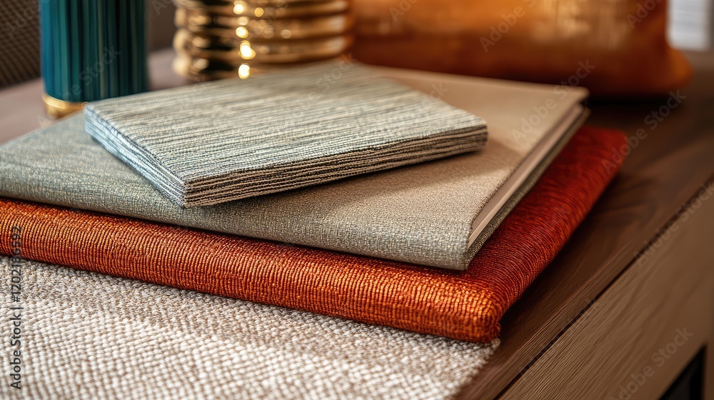 Poster Textured fabric samples stacked on a wooden surface with decorative items in the background and Copy Space available for text