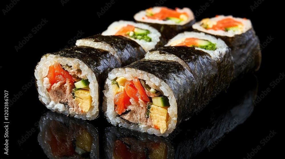 Poster sushi rolls with a variety of fillings displayed on a reflective black surface copy space