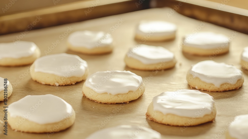 Poster baked cookies with white icing on parchment paper in a baking tray copy space