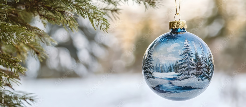 Poster Christmas ornament hanging on a snowy evergreen branch with a winter landscape design and soft bokeh background Copy Space