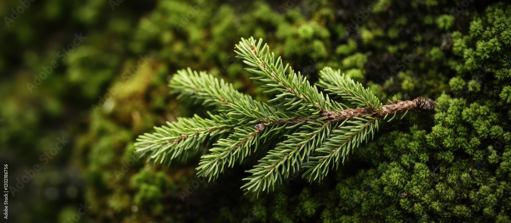 Aufkleber Close-up of a spruce tree branch on green moss with natural blurred background and ample copy space for text insertion
