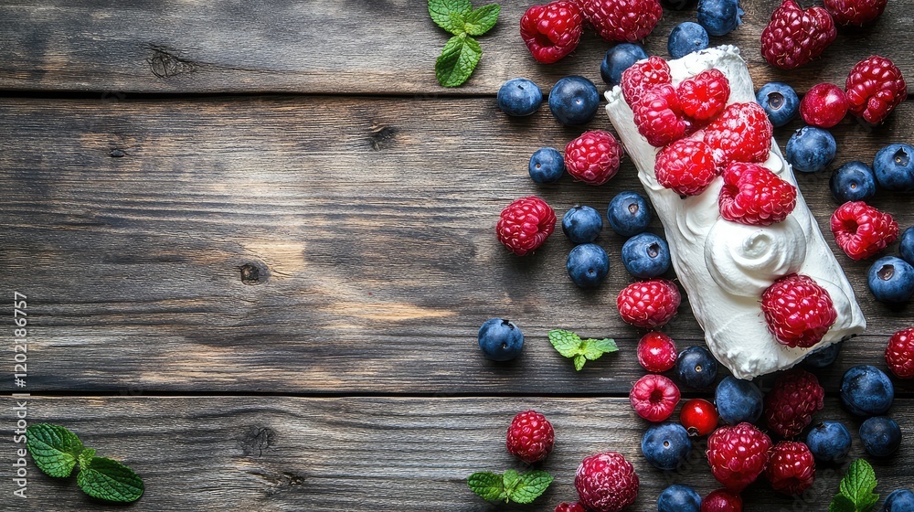 Aufkleber fresh berries with raspberries and blueberries on a wooden table with whipped cream and mint leaves 