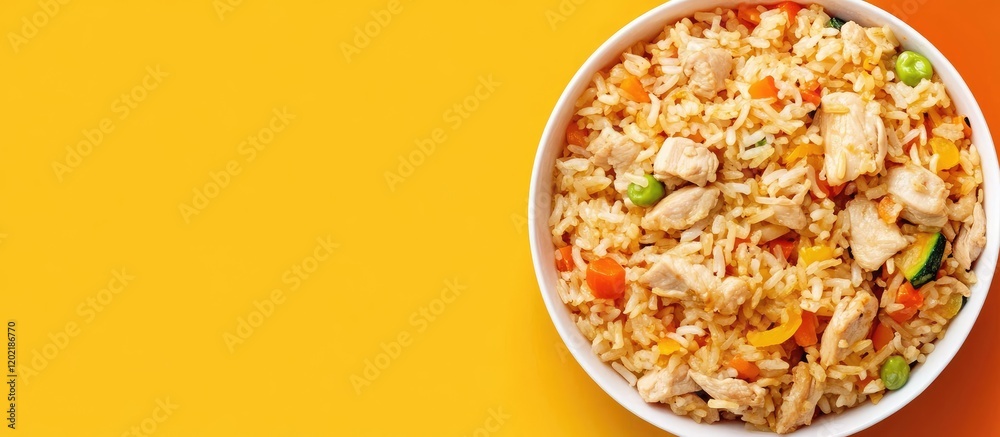 Poster chicken fried rice in a round white bowl on a vibrant yellow background with copy space for text.