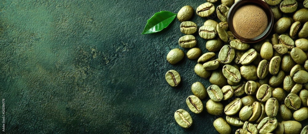 Poster Green coffee beans with a single coffee fruit and a leaf on a textured background with copy space for text.