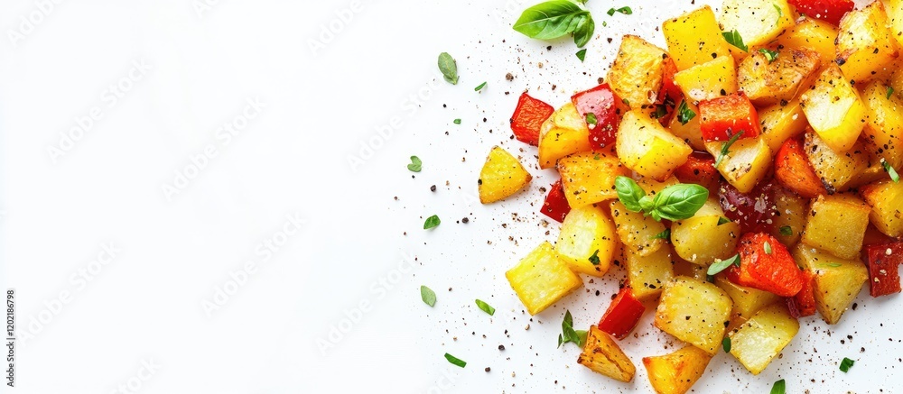 Poster colorful diced fruits and vegetables on a white background with copy space for text placement