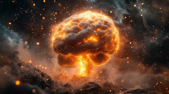 Brain-shaped fiery explosion rising from dark smoky ground, sparks amidst cosmic clouds